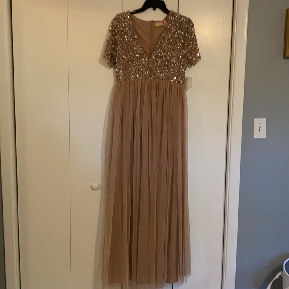 Tan bridesmaid dress with vneck and sequin top